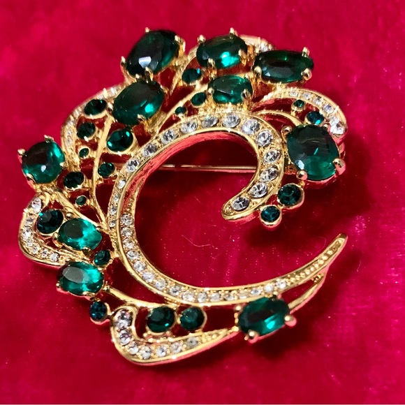 💎 Vtg. Camrose & Kross Jbk Emerald & Clear Glass Rhinestone Feather💎#BROC - Picture 9 of 16